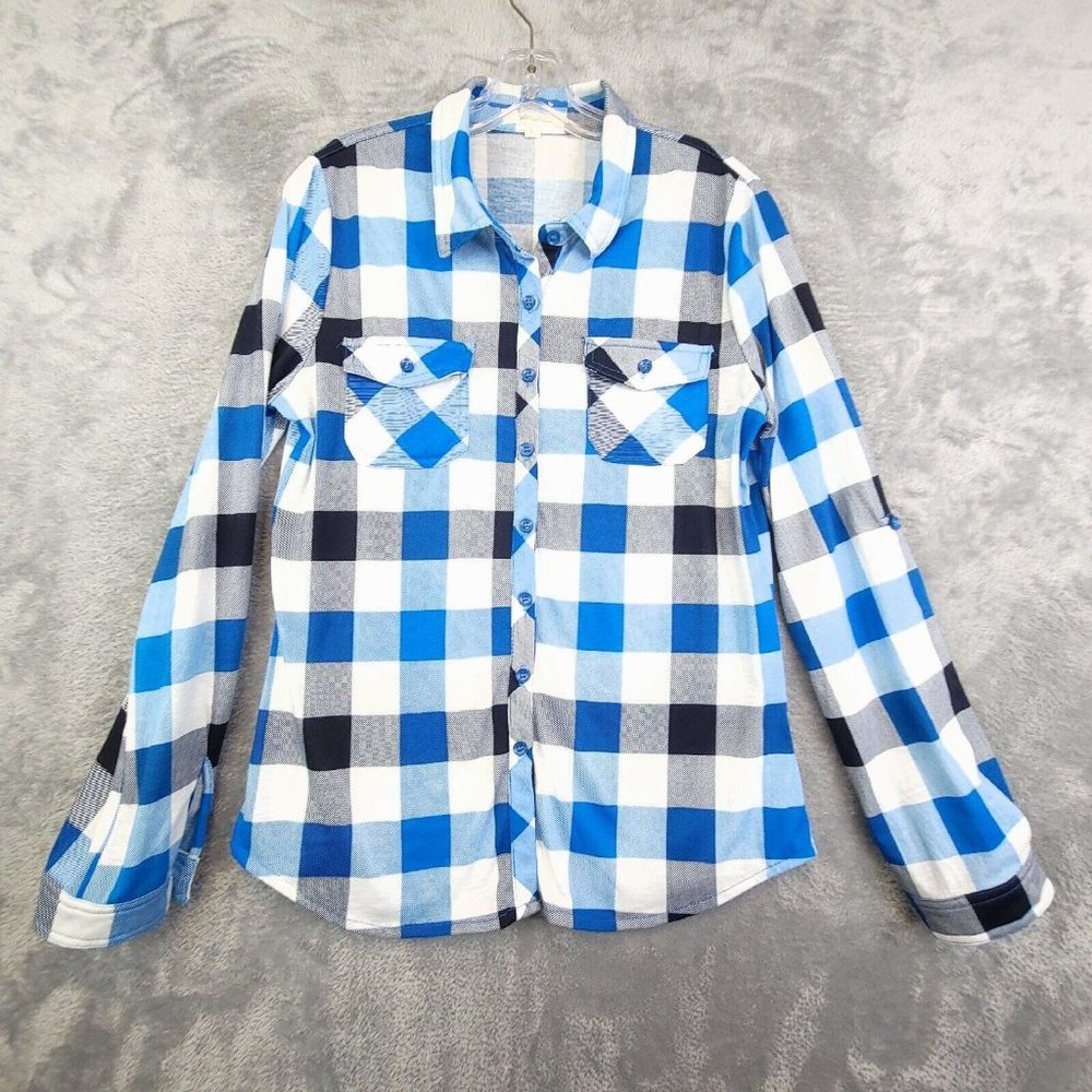Winwin Womens Top Blouse Shirt Button Long Sleeve Chest Pockets Checked‎ Blue L